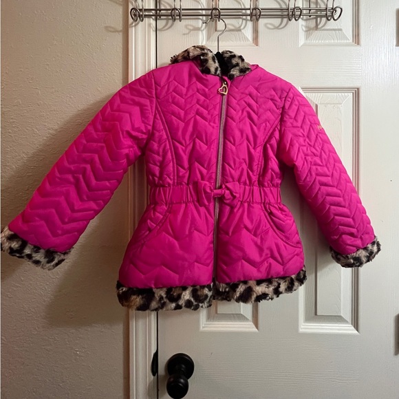 Pistachio Pink Faux Fur Animal Print Trimmed Puffer Jacket Size 6 - Picture 3 of 4